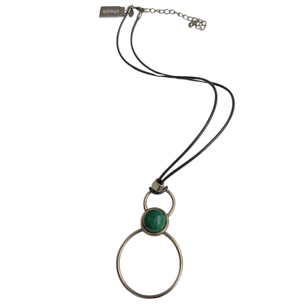 Chico’s Remy Green Pendant Gold Tone Ring Long Leather Cord Necklace Artsy Boho
